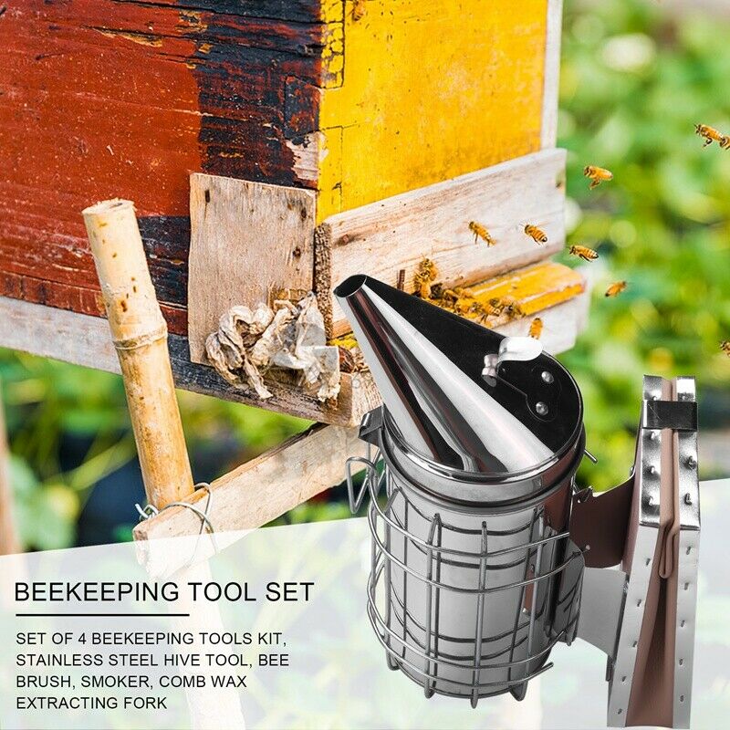 Set Of 4 Beekeeping Tools Kit, Stainless Steel Hive Tool, Bee Brush, Smoker, CZ9