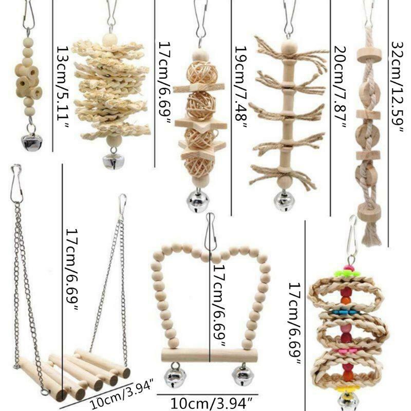 8 Pcs/set Bird Parrot Swing Chew Toys Natural Wood Hanging Bell Birds Cage Decor