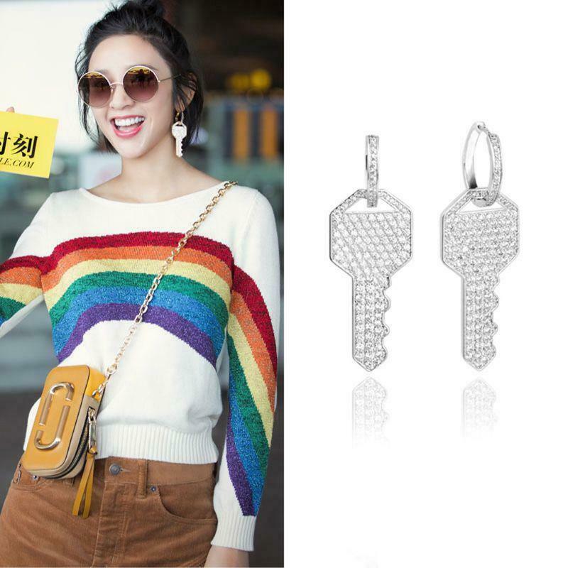 Shiny Full Rhinestone Crystal Key Charm Dangle  Hoop Earrings Women Girlfriend
