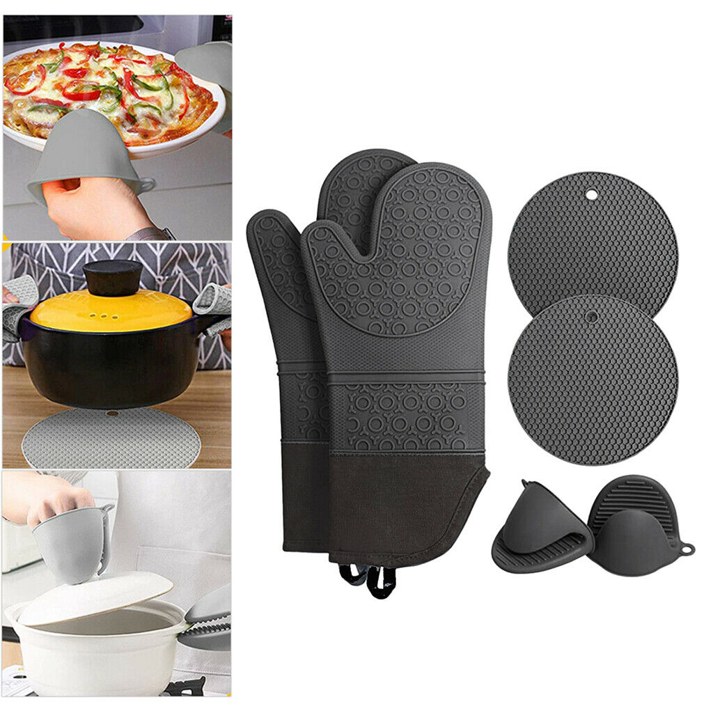 Silicone Oven Mitts and Pot Holders Heat Resistant with Cotton Quilted Liner