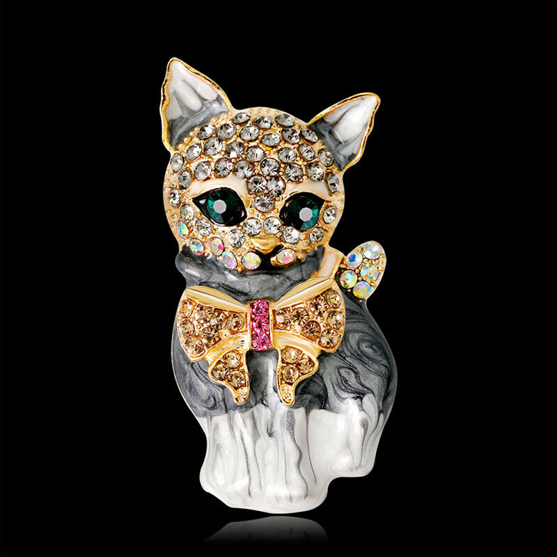 New Enamel Crystal Green Eye Cartoon Cat Brooch Pin Jewelry Bag Ornament G.l8