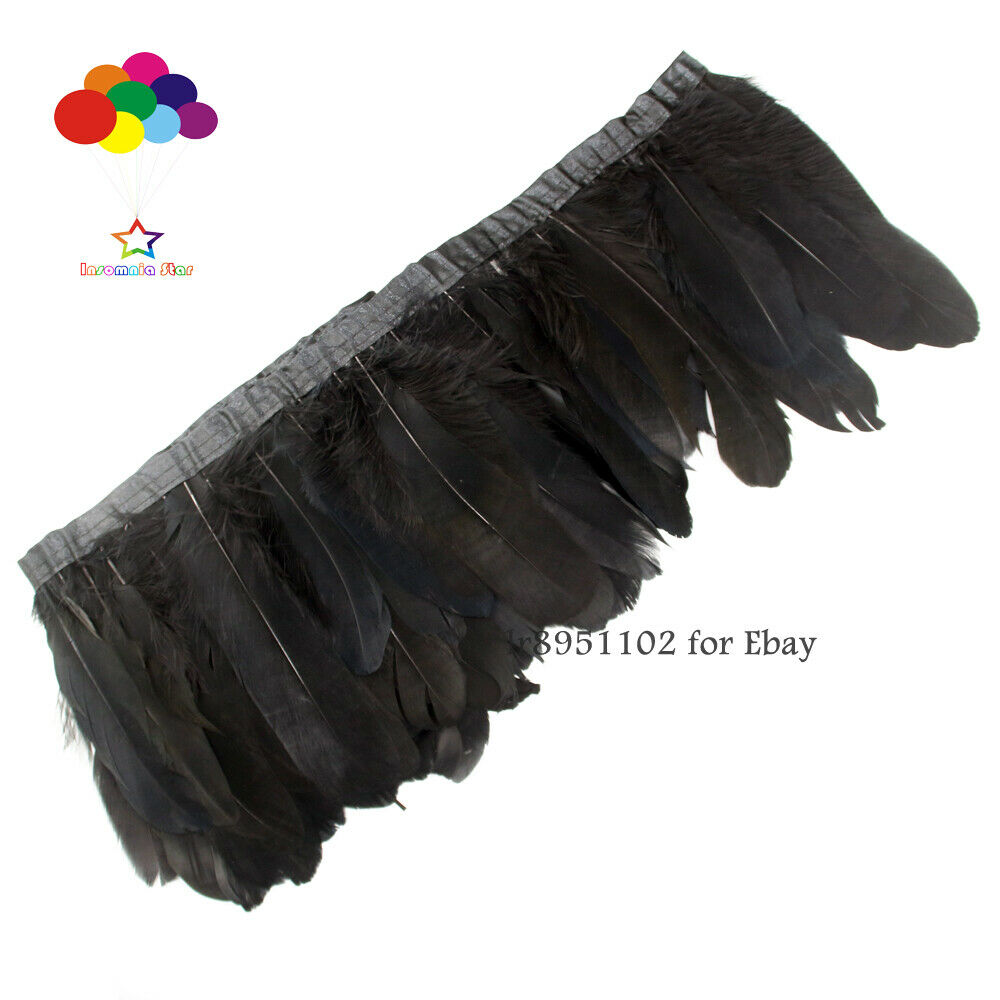 Dyed black Goose Feathers 2 Meter Fringe Trim with Satin Ribbon Tape 6-8 inch