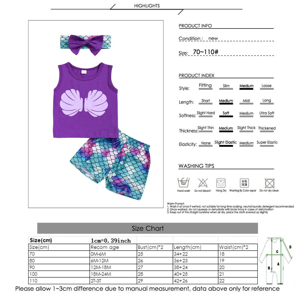 Baby Girl Clothes Mermaid Tank Top + Shorts Pants + Headband Outfit Summer Set