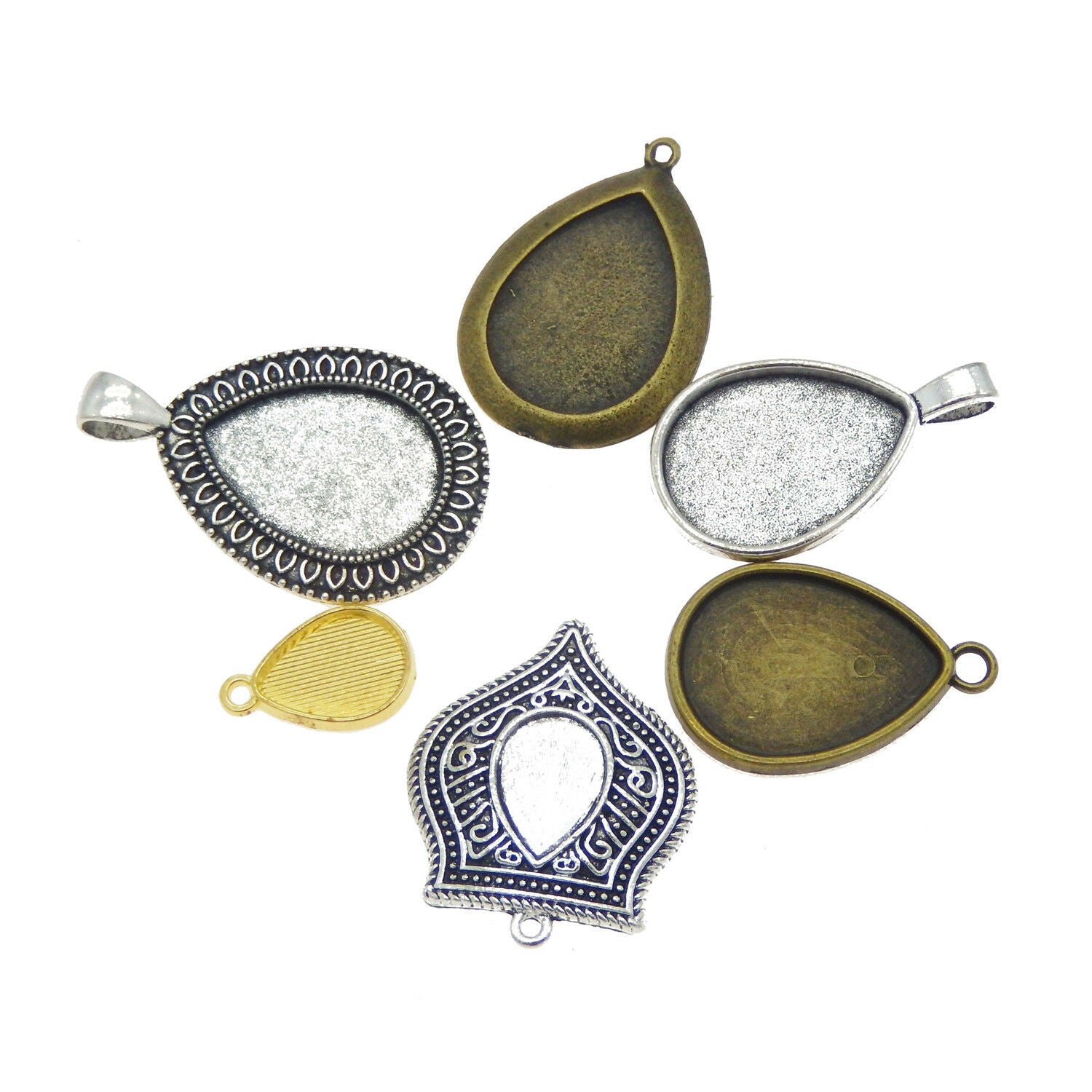 10 pcs Mix Lot Blank Bezel Base Setting Teardrop Pendant Charm Alloy For Jewelry