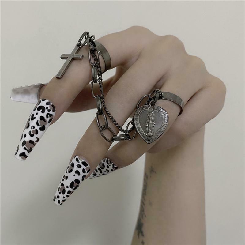 Retro Adjustable Chain Jesus Pendant Ring Alloy Cross Open Rings Hip Hop Jewelry