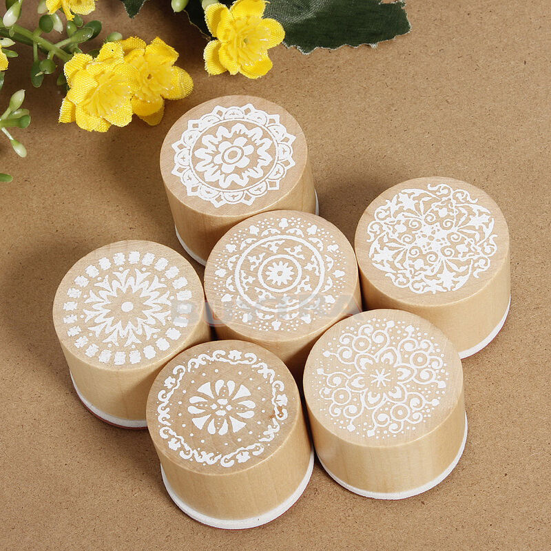 6X Assorted Wooden Rubber Stamp Round Shape Handwriting Floral Flower Cra C XC