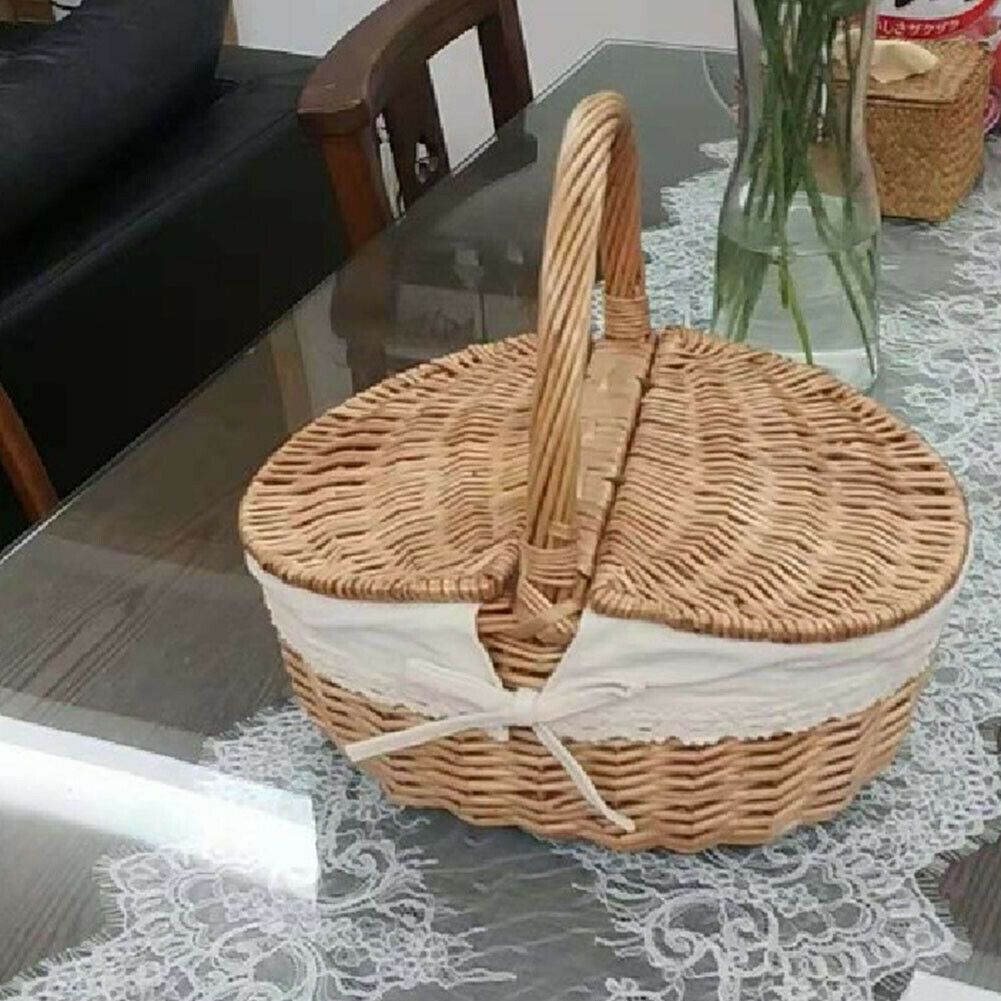 Handmade Large Wicker Basket W/ Handle Double-Lid Willow Woven Storage Hamper