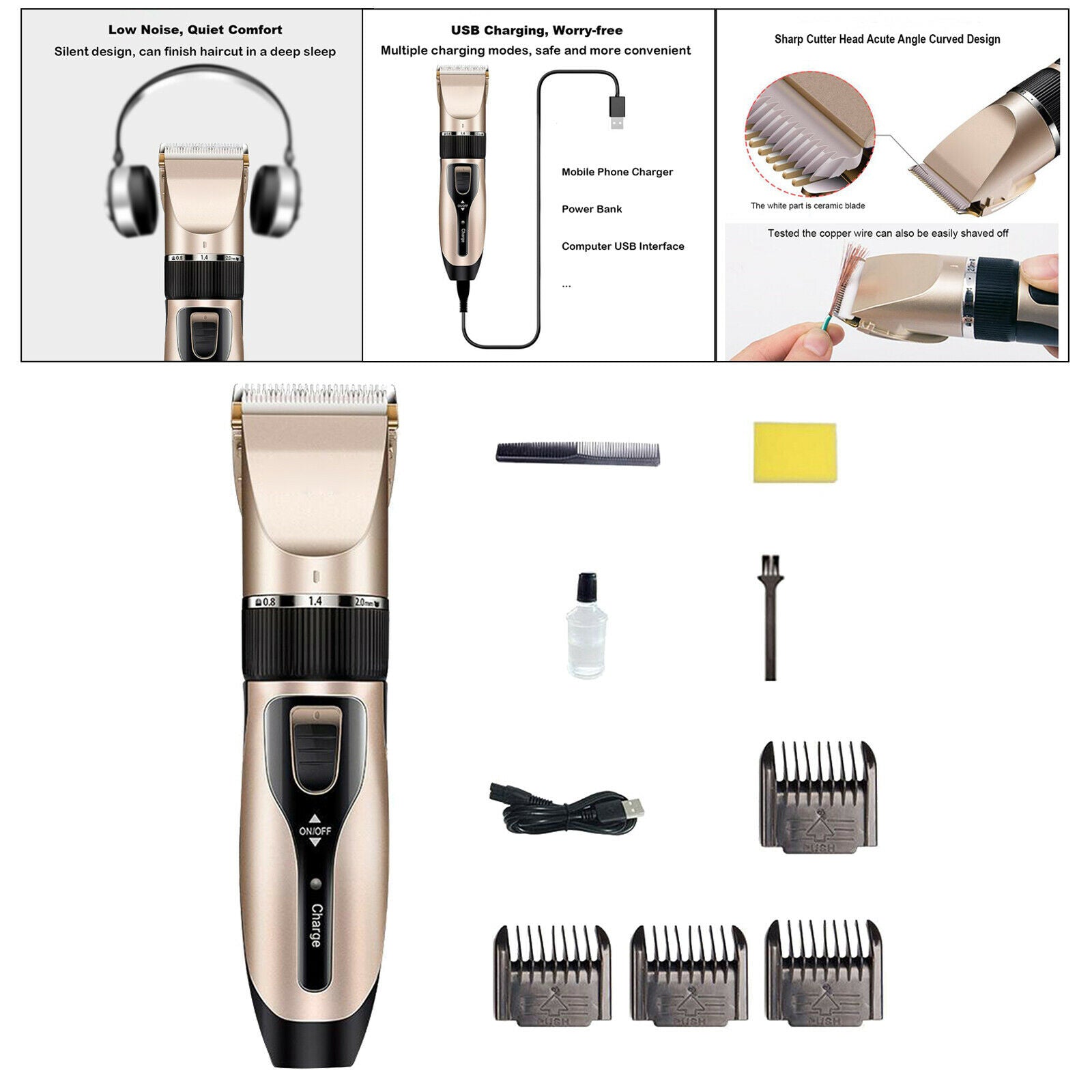 Portable Men Kids USB Rechargeable Electric Hair Clipper with Guide Comb