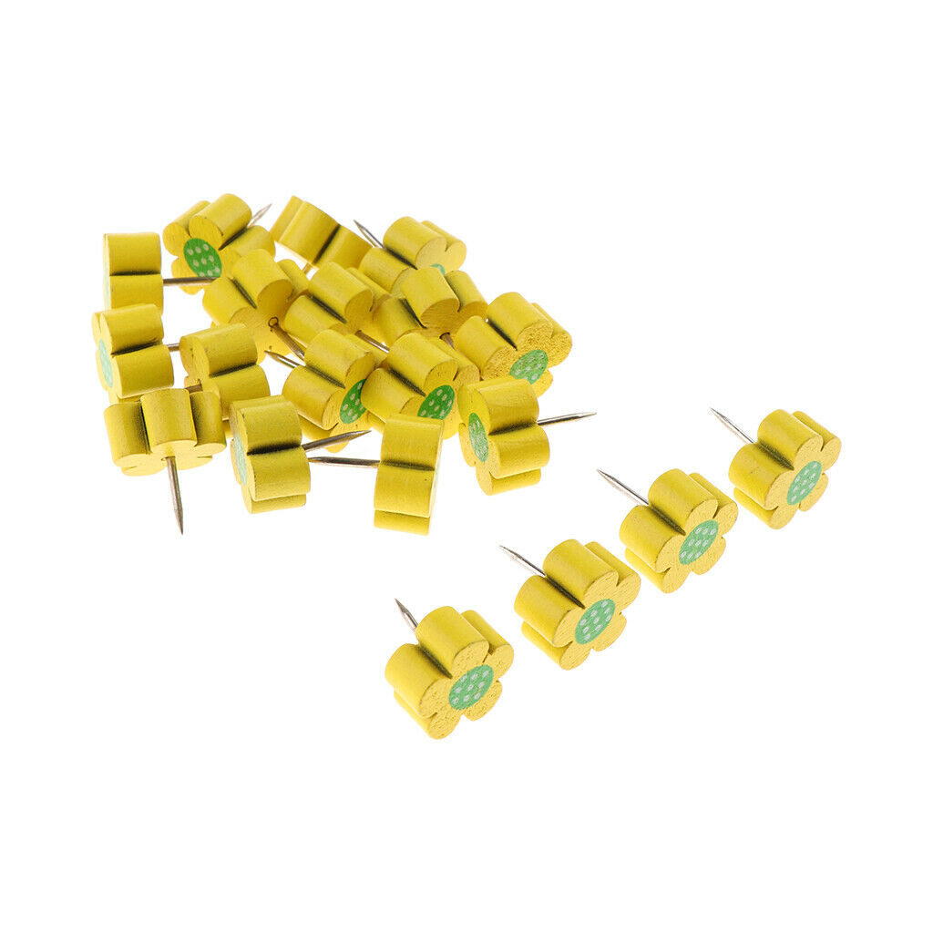 20pcs Wooden Thumb Tacks Push Pins Flower Head Office Thumbtack Yellow