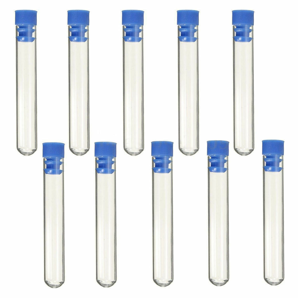 10× 12*75mm Plastic Test Tubes Rimless Pyrex & Push Caps Lab Clear