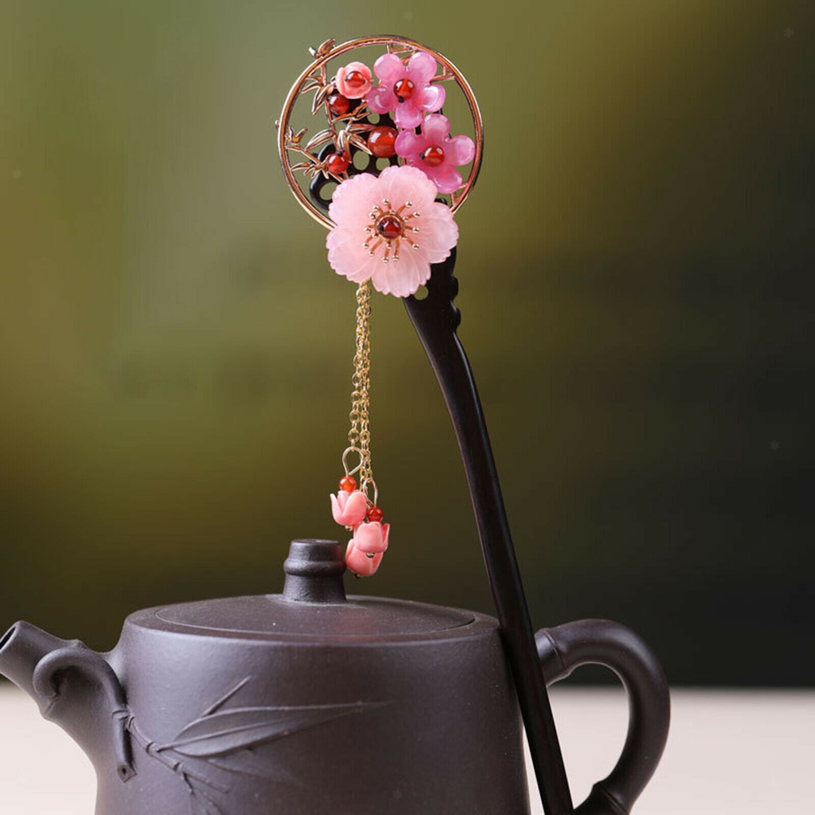 Chinese Style Hair Sticks Wooden Flower Tassel Gifts for Female Girls Bride