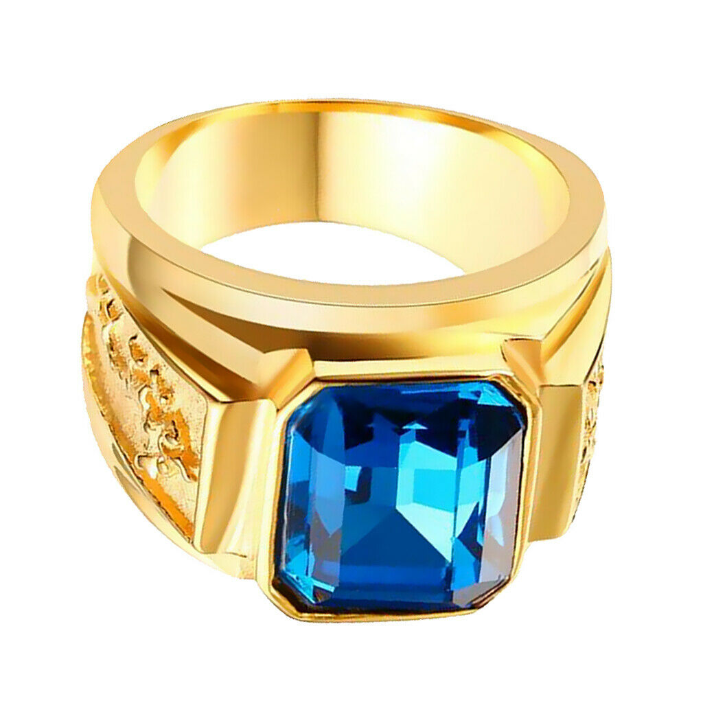 Golden Carved Flying Dragon Stainless Steel Ring with Glitter Blue Gem US9