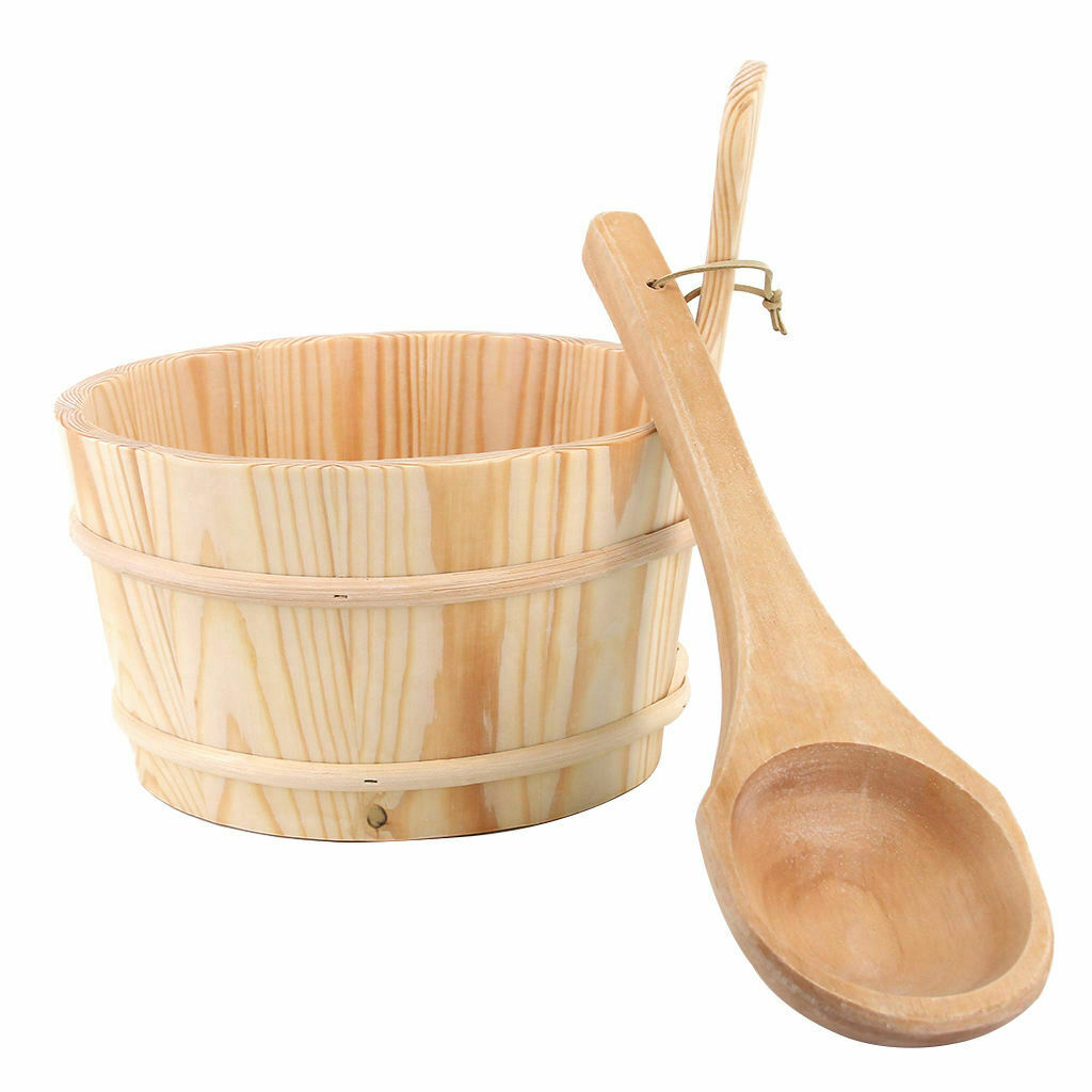 Natural Wooden Durable Sauna Bucket and Ladle Kit with Handle Water Scoop
