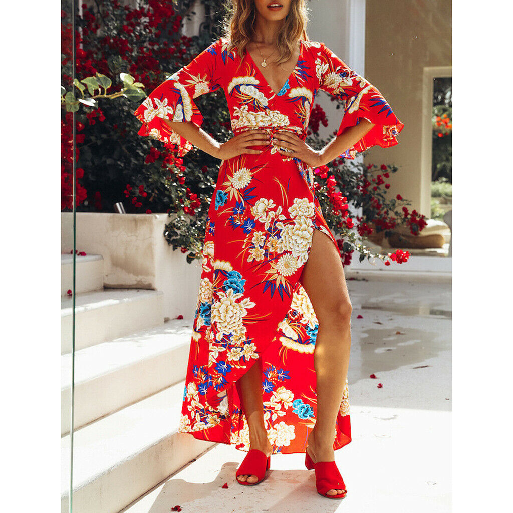 Women's Summer Beach Floral V Neck High Split Wrap Long Maxi Dress Red XL