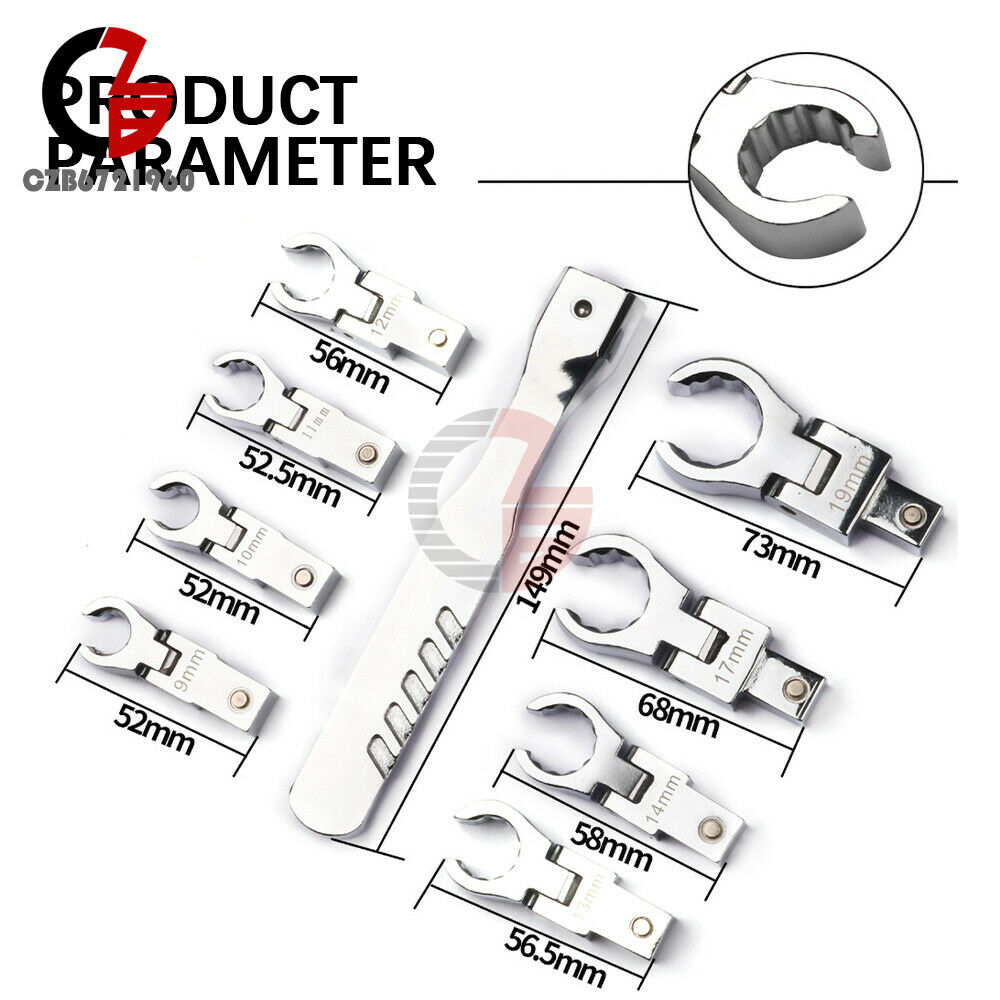 9PCS Portable Metric Ratchet 180°Rotating Gear Removable Flexible Wrench Set