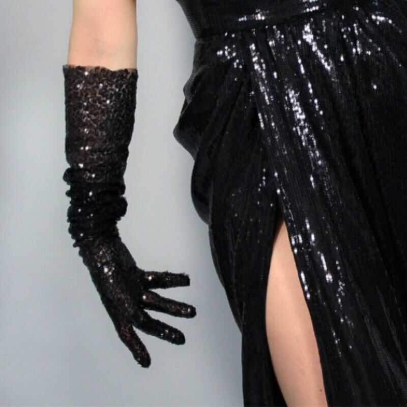 Lady Sequin Long Gloves Prom Gatsby Party Banquet Glitter Shiny Dance Show Black
