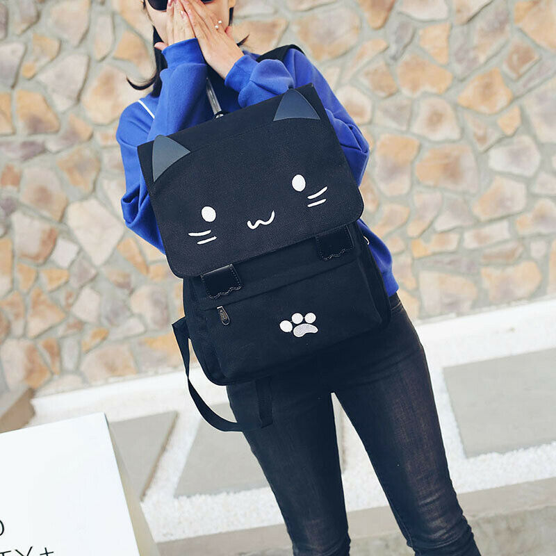 1X(fashion Cute Cat Embroidery Canvas Student bag Cartoons Women Backpack Le4L5)