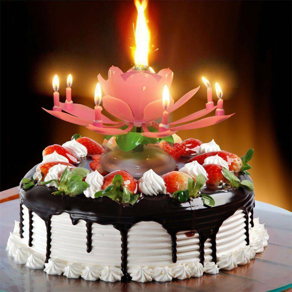 Candle Rotating Birthday Musical Lotus Flower Cake Candles Happy Light Decor New