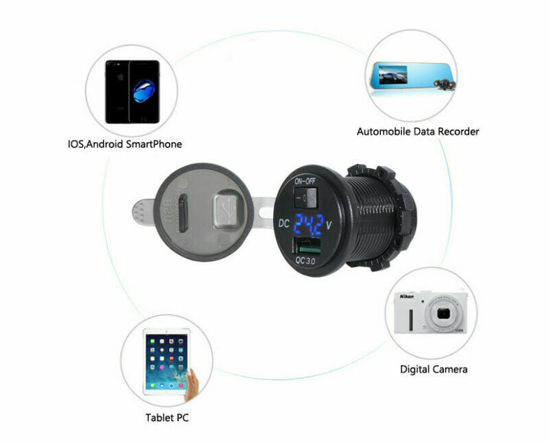 USB Charger QC On&Off Switch Outlet Fast 3.0 25W Socket Fit Motorcycle Car Blue
