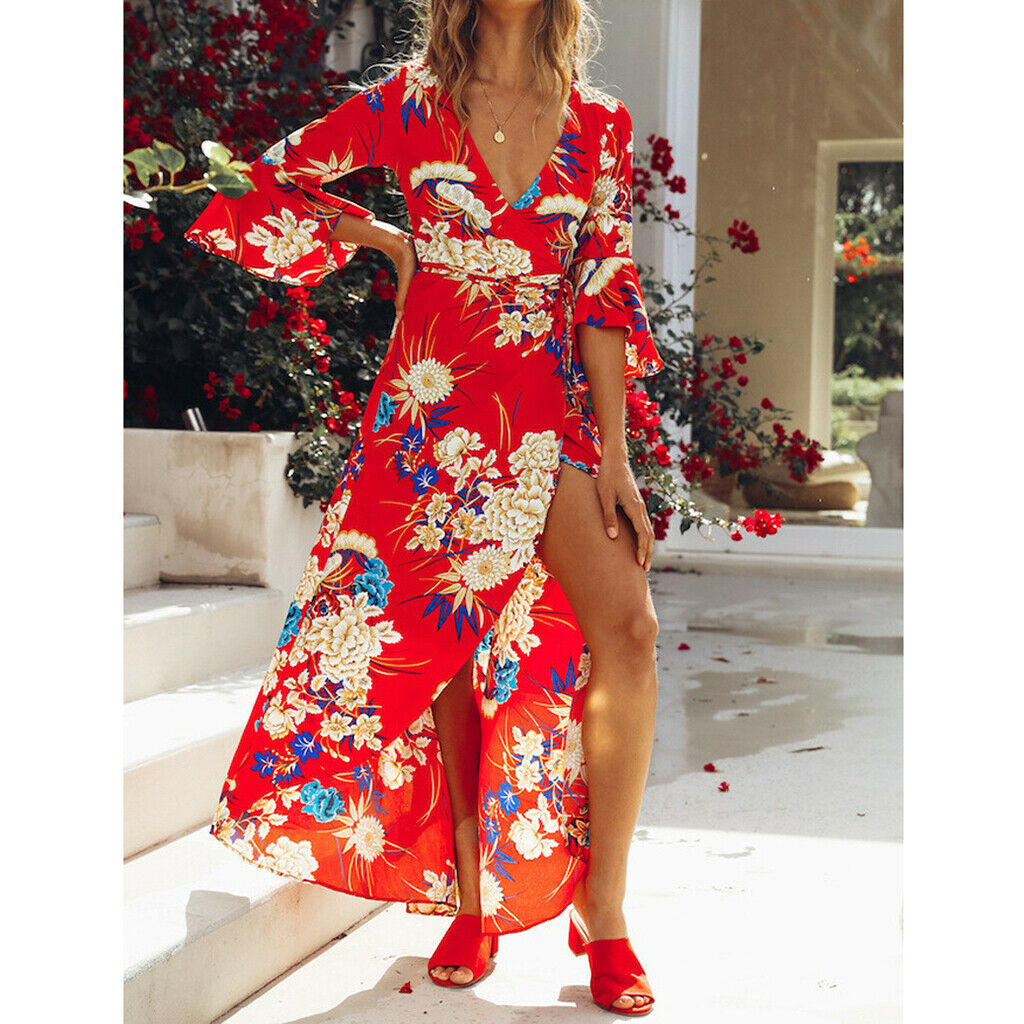 Women's Summer Beach Floral V Neck High Split Wrap Long Maxi Dress Red XL