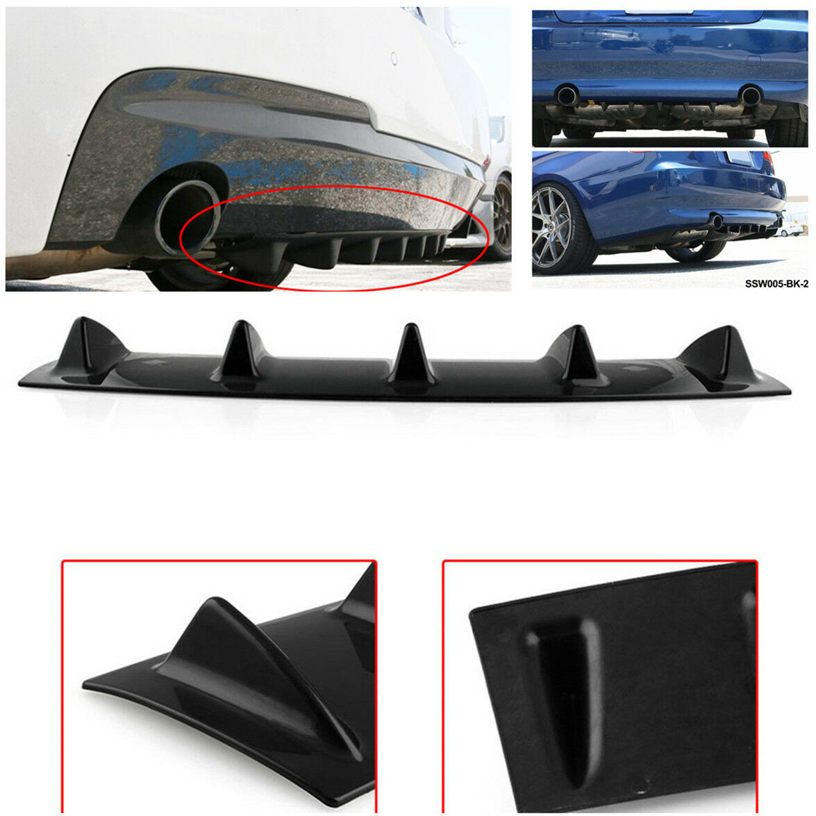 Car Rear Body Bumper Diffuser Shark Fin PU Spoiler Gloss Black Stylish Design