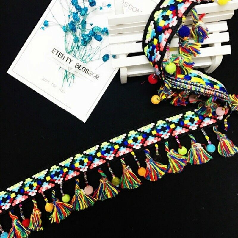 New Ethnic Trimming Boho Bohemian Tassel Fringe Beaded Pom Pom Edging DIY Sewing