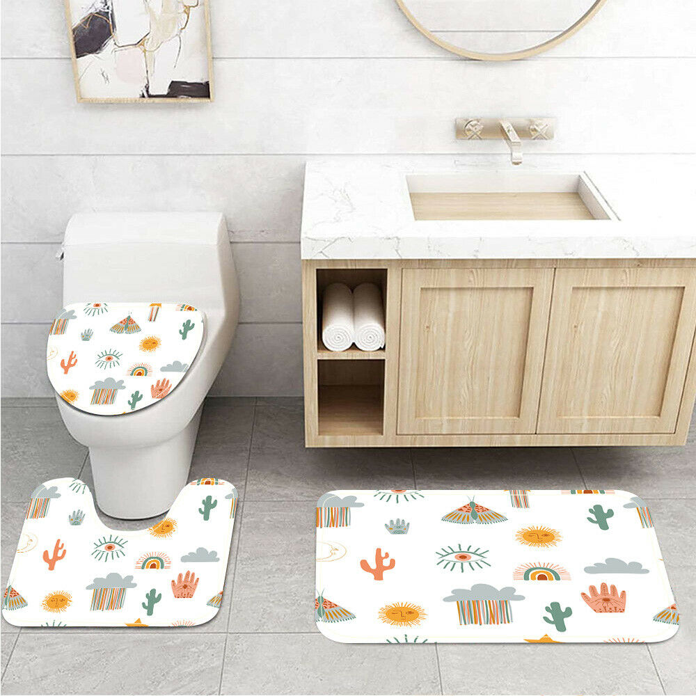 Sun Cactus and God's Eye Symbol Toilet Cover Rug Mat Contour Rug Set 3pcs