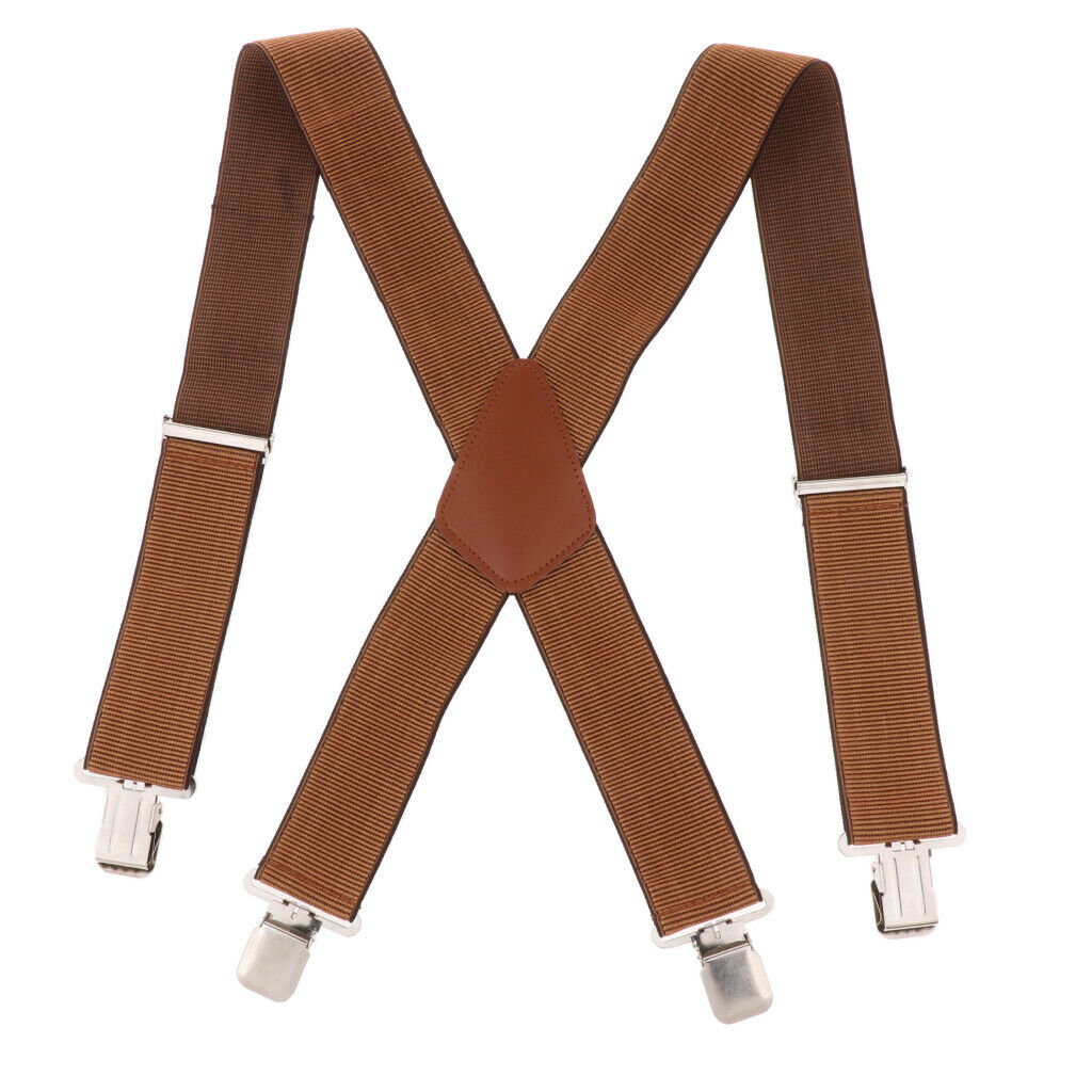 Mens Suspenders X Back Wide Elastic Adjustable Trouser Clips Braces Brown