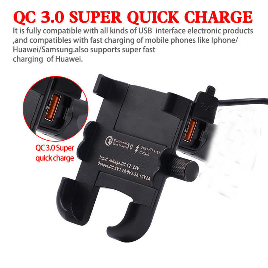 Motorbike Mirror Holder Install Phone Bracket& QC3.0 Charger Waterproof USB Port