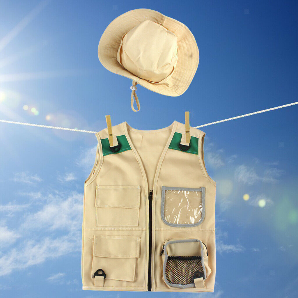 Cargo Vest & Hat for Boys Girls Hiking Outdoor Explorer Set Party Unisex