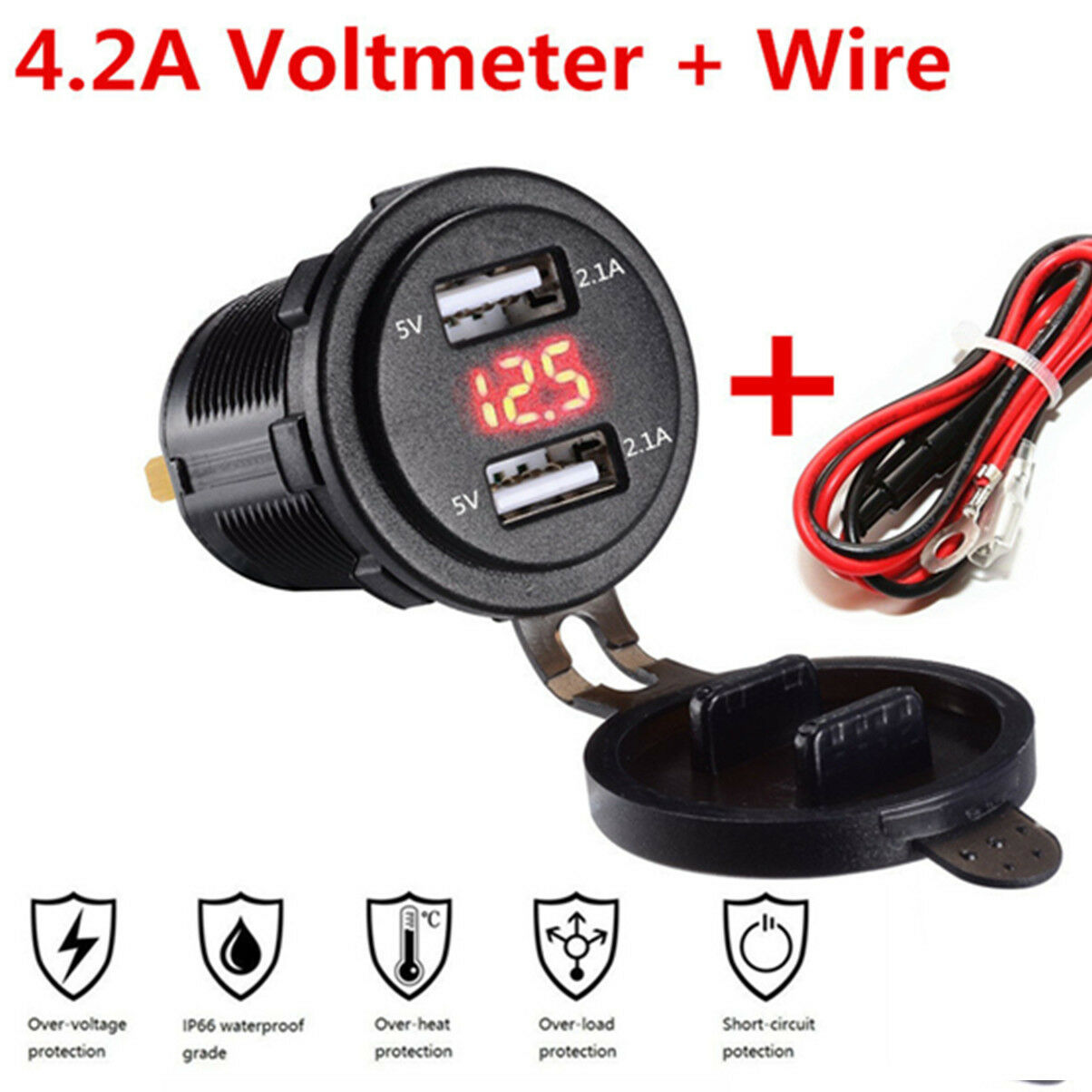 Car Charger 4.2A Quick Charge Dual USB with Voltmeter & Wire In-line 10A Fuse
