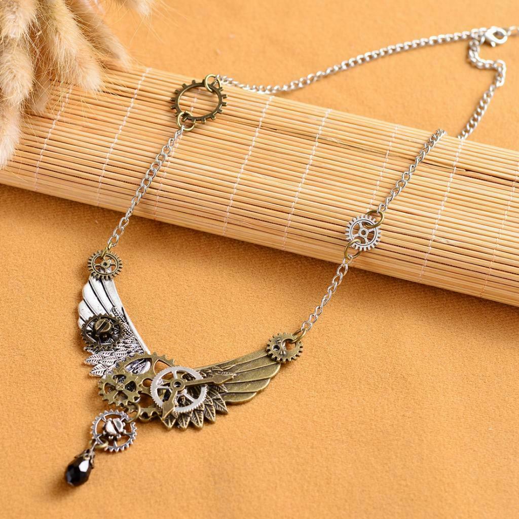 Steampunk Gear Hour Hand Feather Wings Pendant Necklace Chain for Women Men