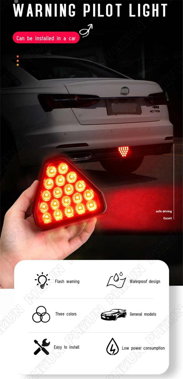 12LED Red Triangle Low Third Brake Lamp Remote Control 3rd Brake Light Universal
