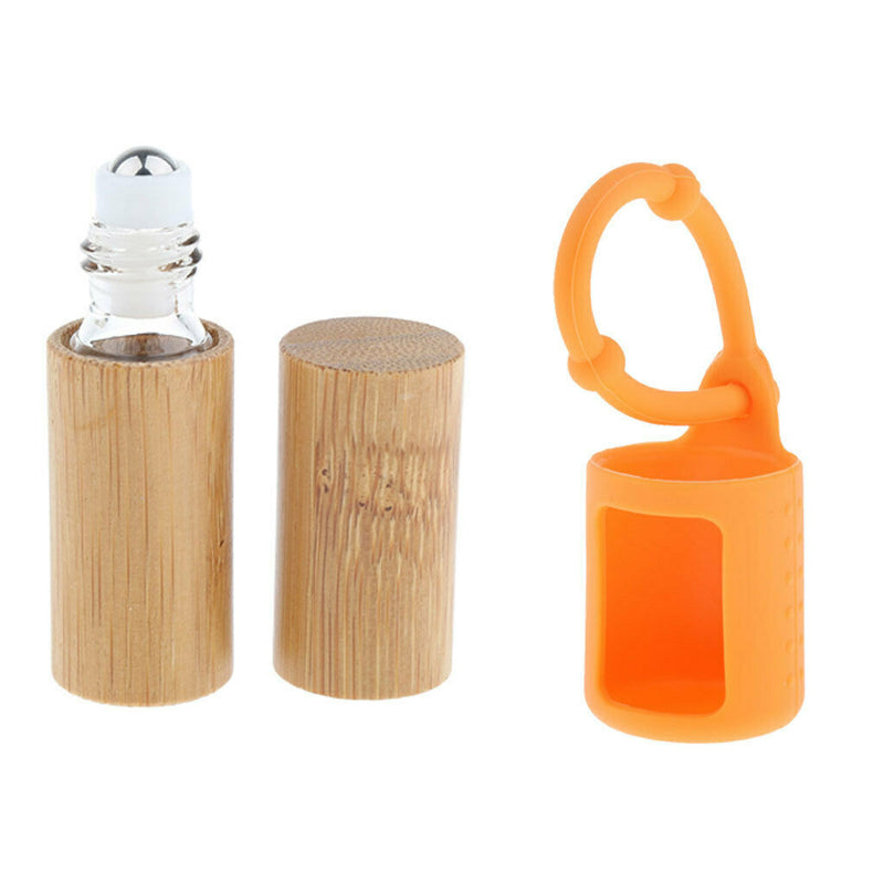 Wooden Empty Essential Oils Roller Bottle with Silicone Carrying Cover Sleeve