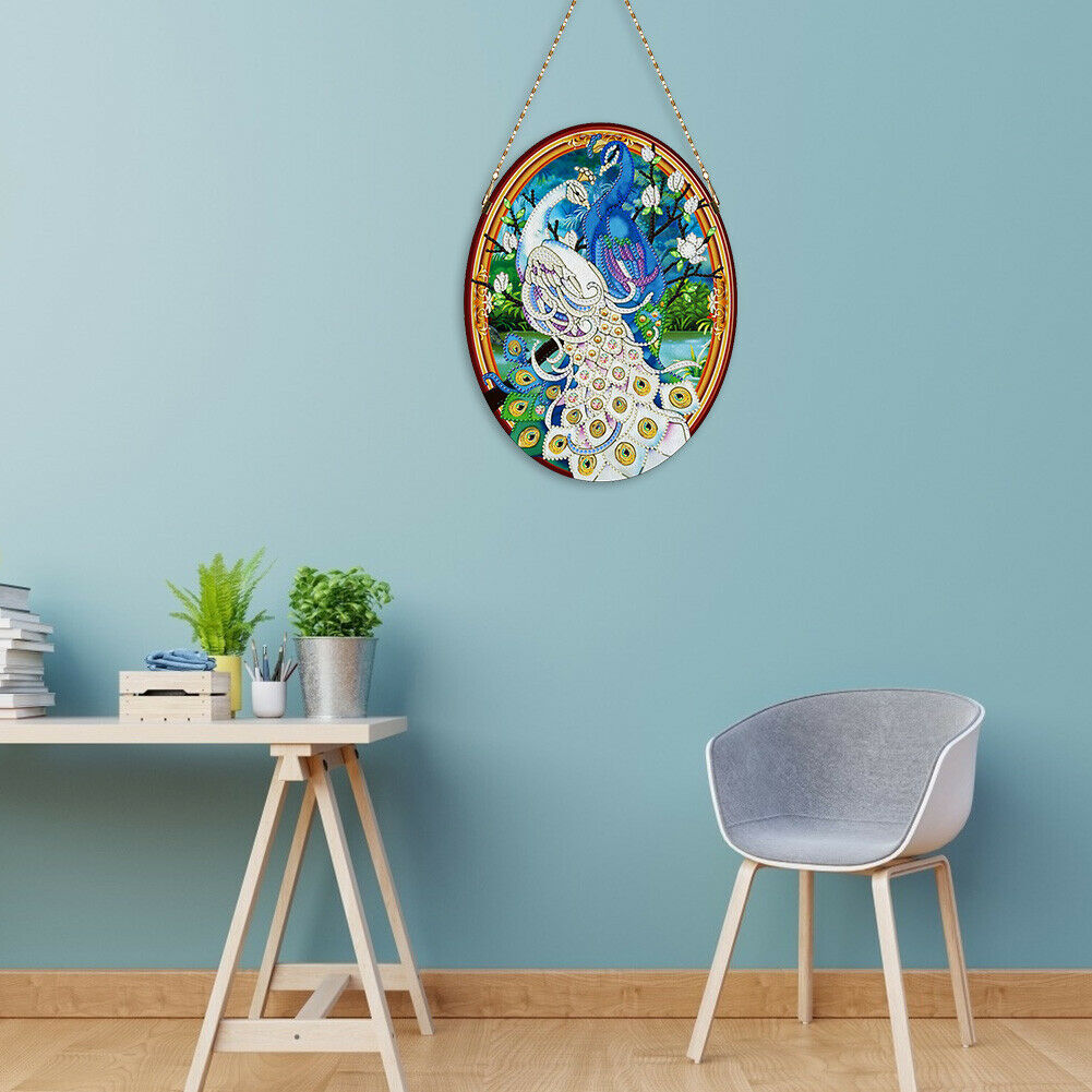 5D DIY Special Shape Diamond Painting Peafowl Leather Mural Wall Decoration @