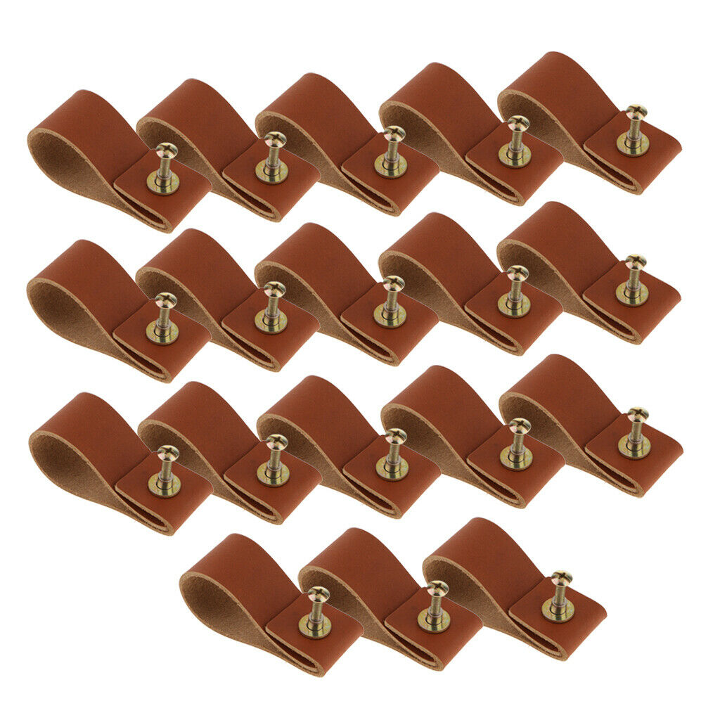 18x Handmade Leather Door Handle Pull Knob for Cabinet Cupboard Light Brown