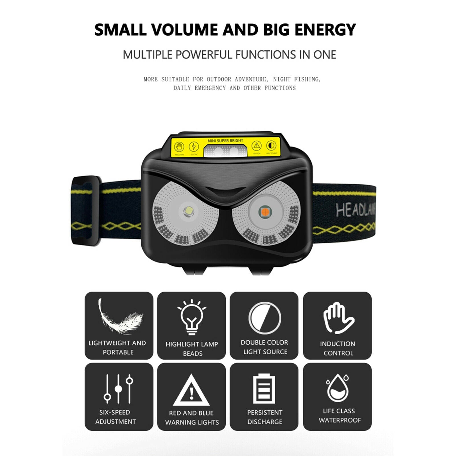USB Headlamp Flashlight Motion Sensor Head Band Outdoor Headlight Camping