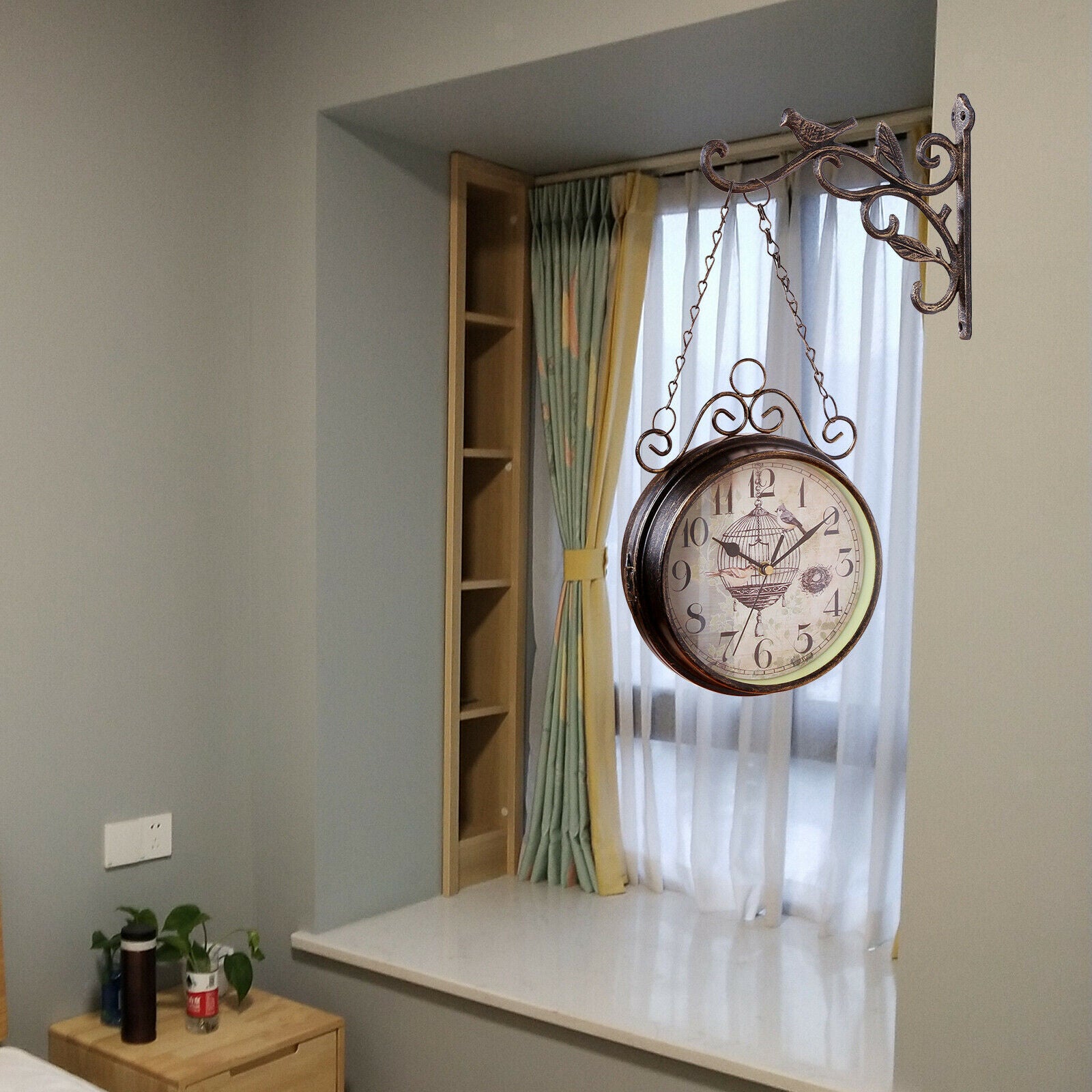 Double Sided Wall Clock Metal Decoration Retro Quiet for Garden Kitchen