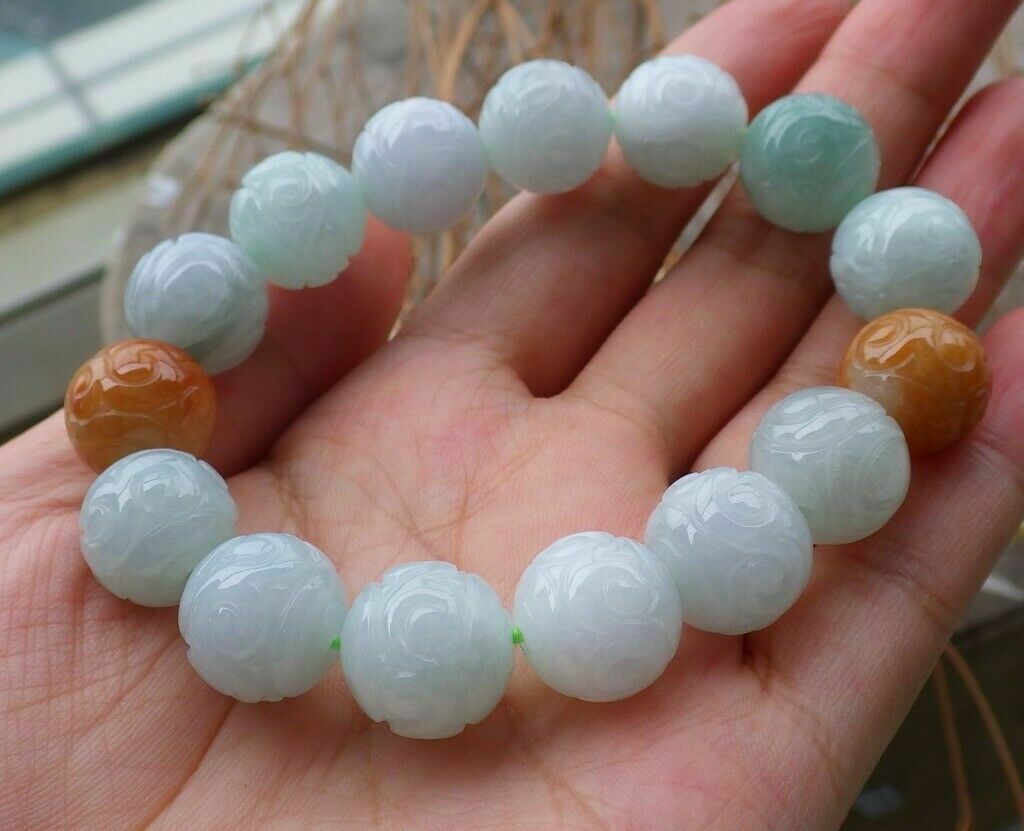 13MM Certified 100% Natural A JADE JADEITE Flower Bead Bangle Bracelet 7.5"AA++