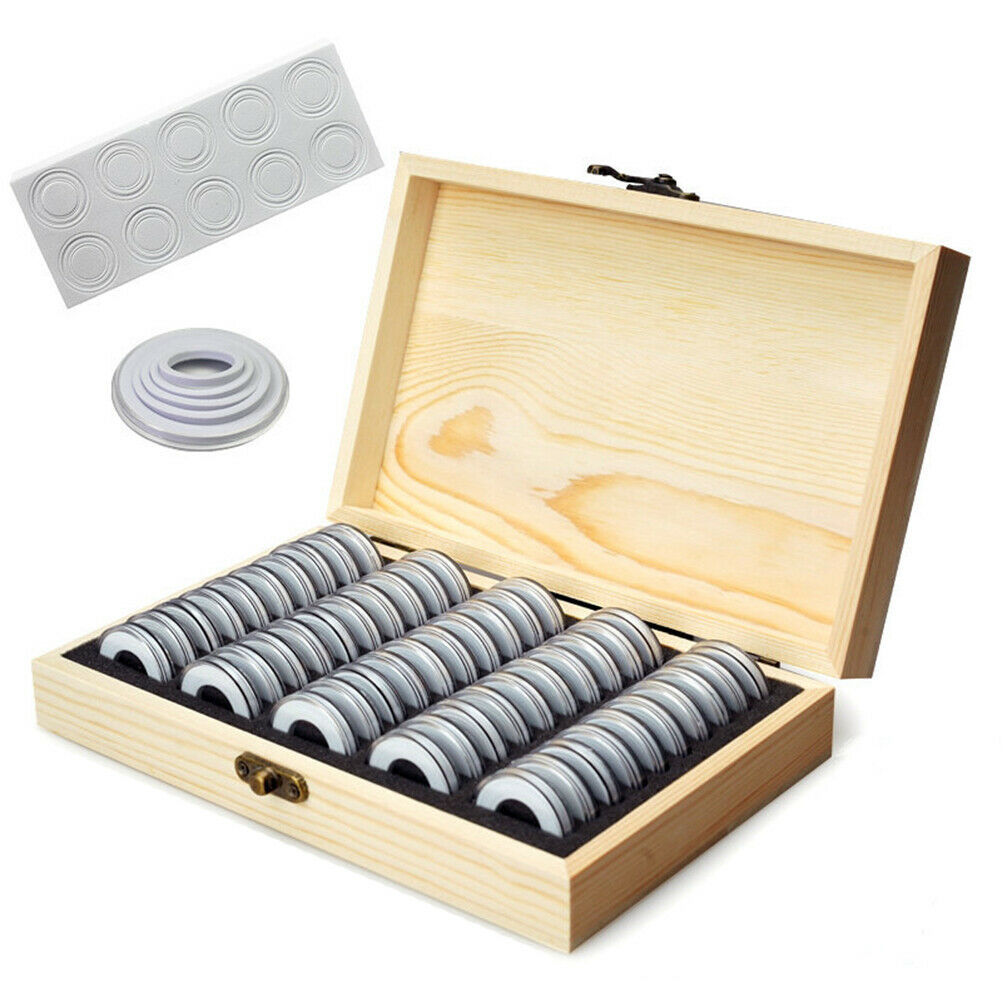 50Pcs Coin Holder Case with Wooden Storage Box Round Coin Capsules Organizer