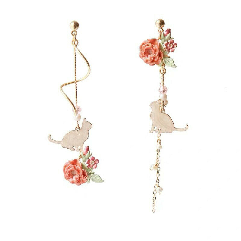 Sweet Cute Cat Flowers Leaves Pendant Flower Tassel Earrings Jewelry Earr.l8