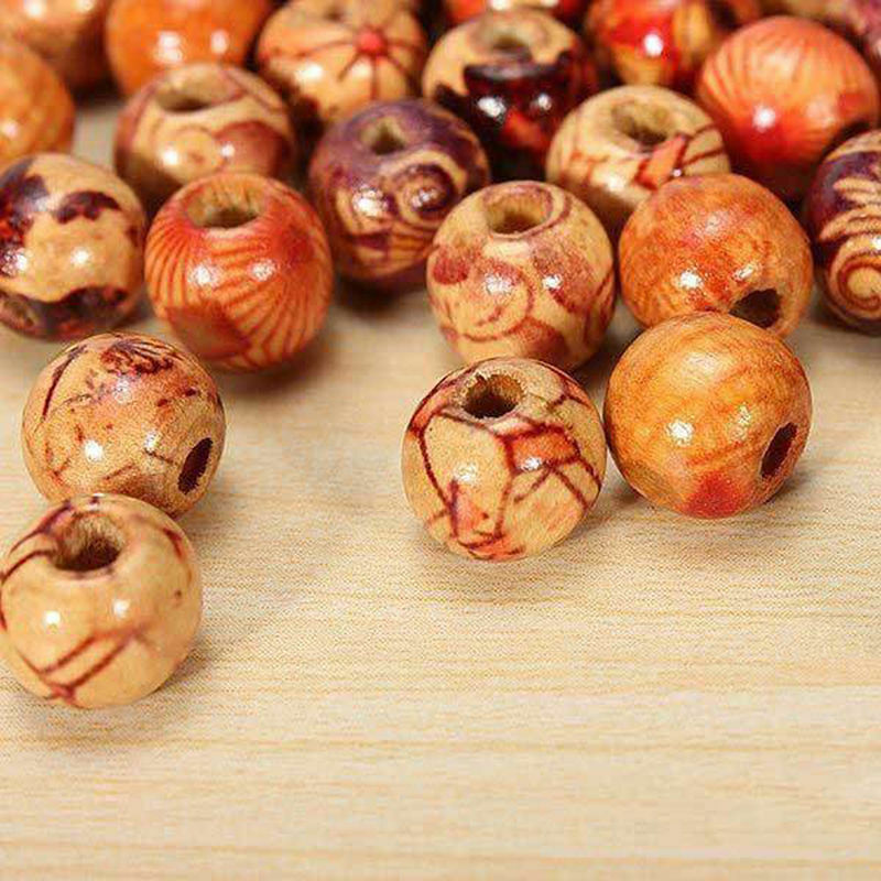 100PC 9x10mm Tribal Patterned Wood Beads Mix Wooden Dreadlock Pony Bead Macrame