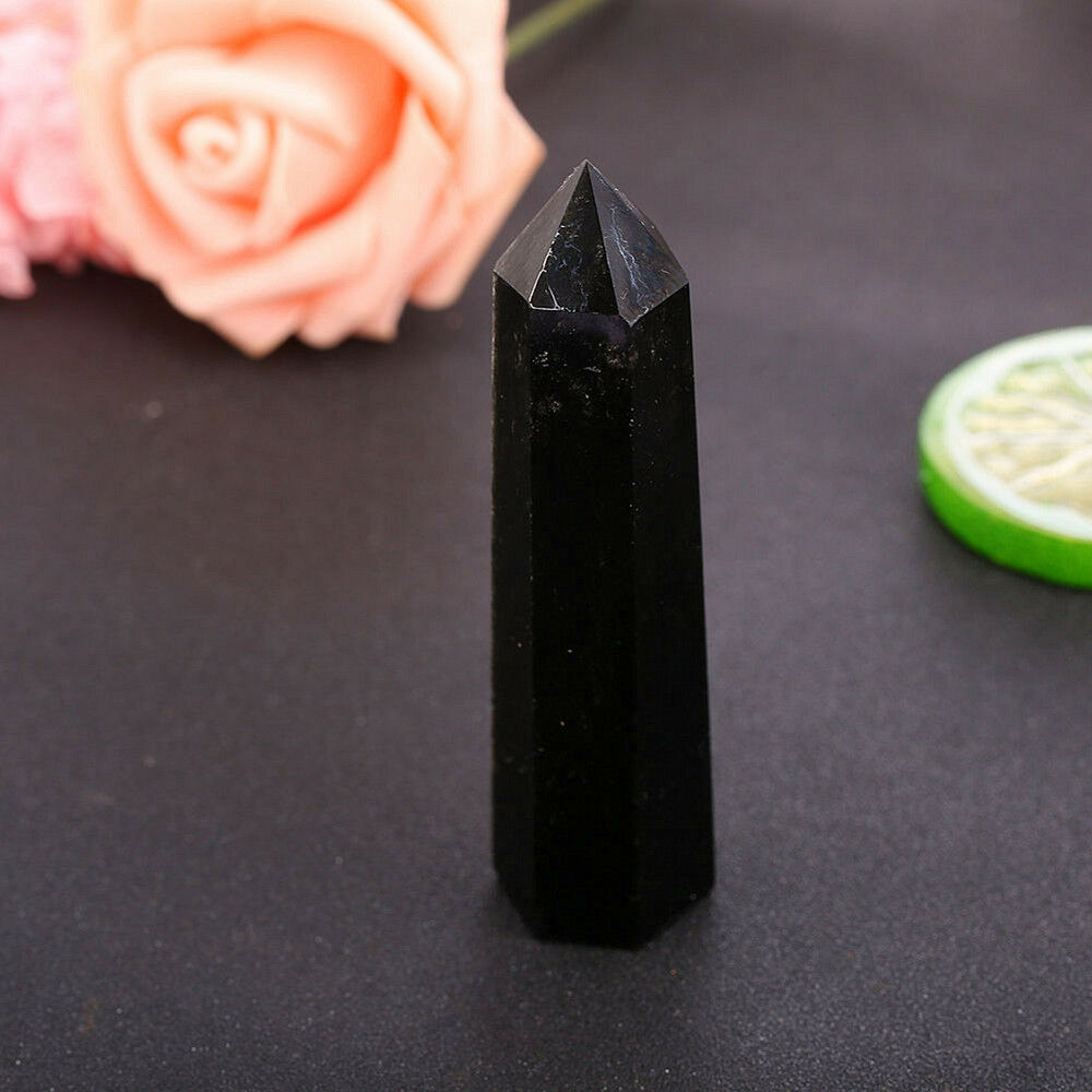 Charm Natural Obsidian Black Quartz Crystal Stone Point Healing Hexagonal Wand