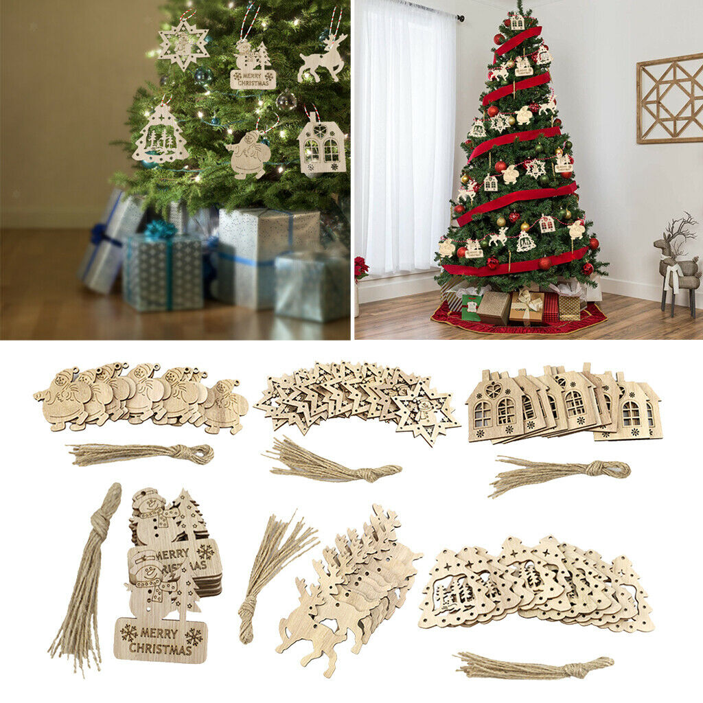 62 Pieces Christmas Wooden Ornaments Unfinished 6 Styles Wooden Cutouts with