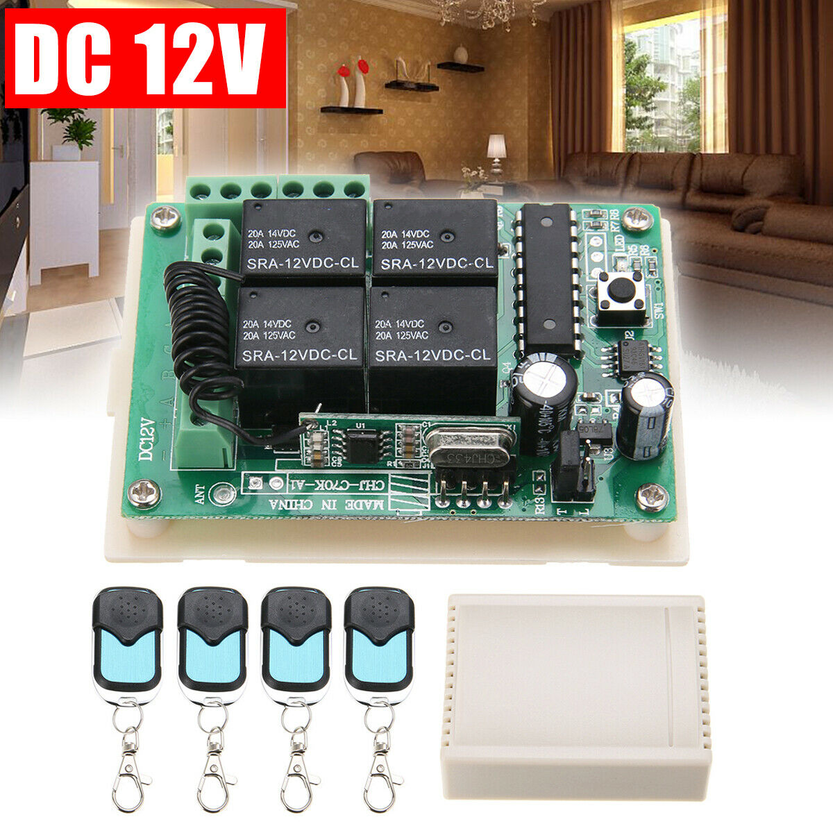 4x HCS301 433MHz Rolling Code Remote Controller w/ DC Wireless Relay Receiver