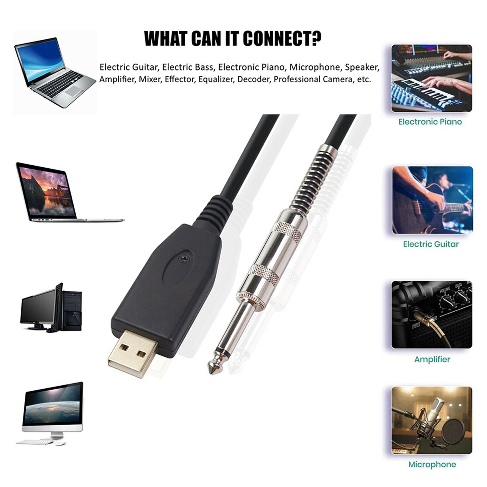 2M Guitar Bass 1/4'' inch 6.35mm   To USB Link Instrument Cable Adapter