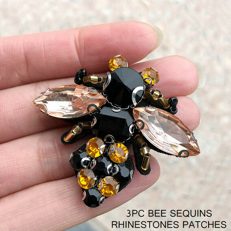 3Pc Bee Sequins Rhinestones Sew on Patch Craft Patches Bead Applique Embroidered