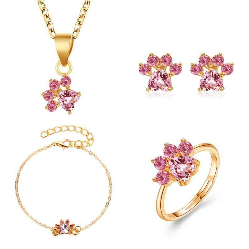 Pink Crystals Cat Paw Earrings Rings Pendant Bracelet Adjustable Pet Cat Jewerly