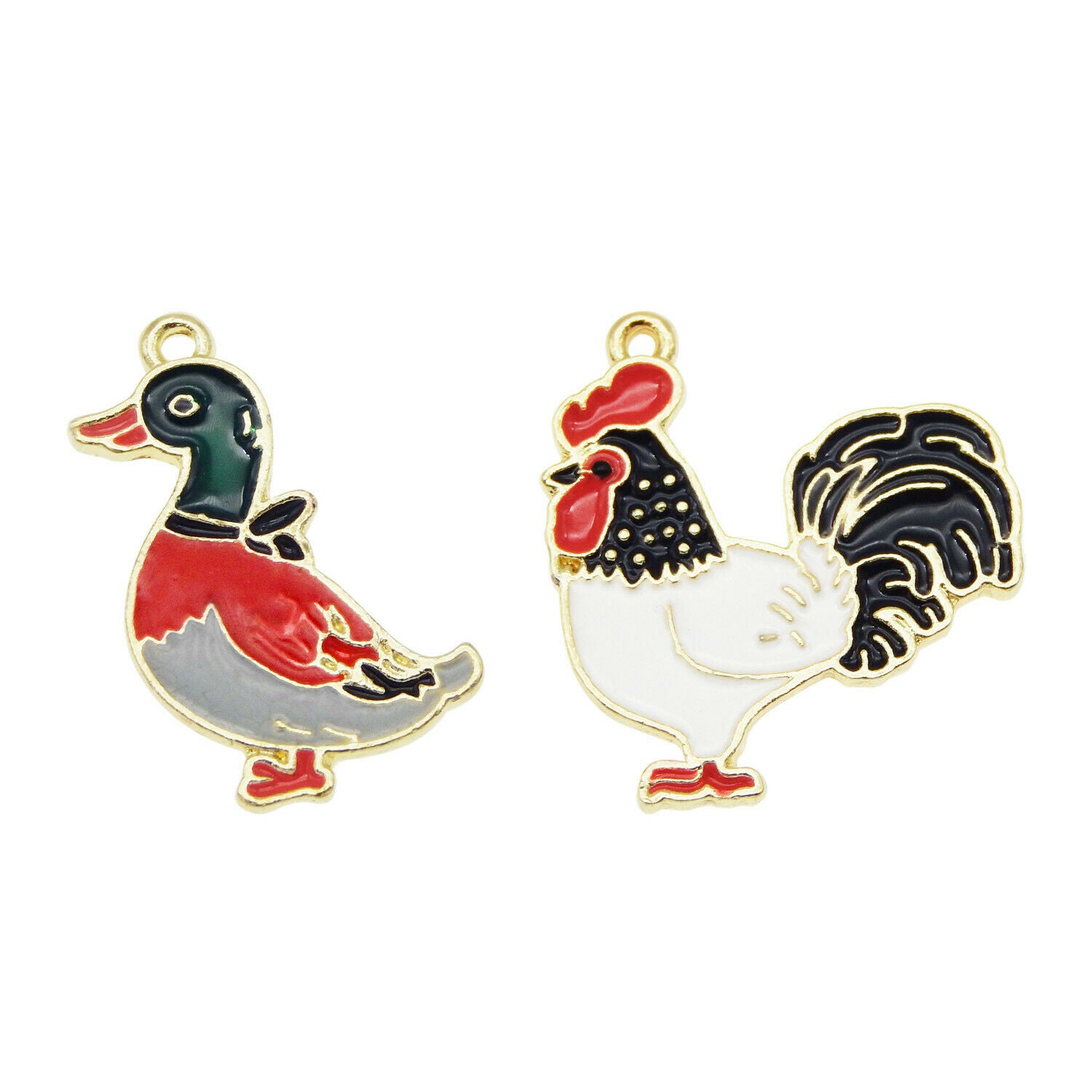 8 PCS Assorted Poultry Enamel Charm Chicken Rouster Duck Pendant Bracelet Crafts