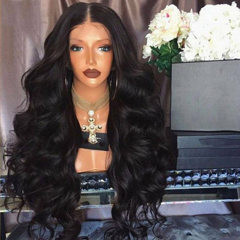 Womens Full Wig Brazilian Remy Hair Body Wave Silk Hair Wigs Black